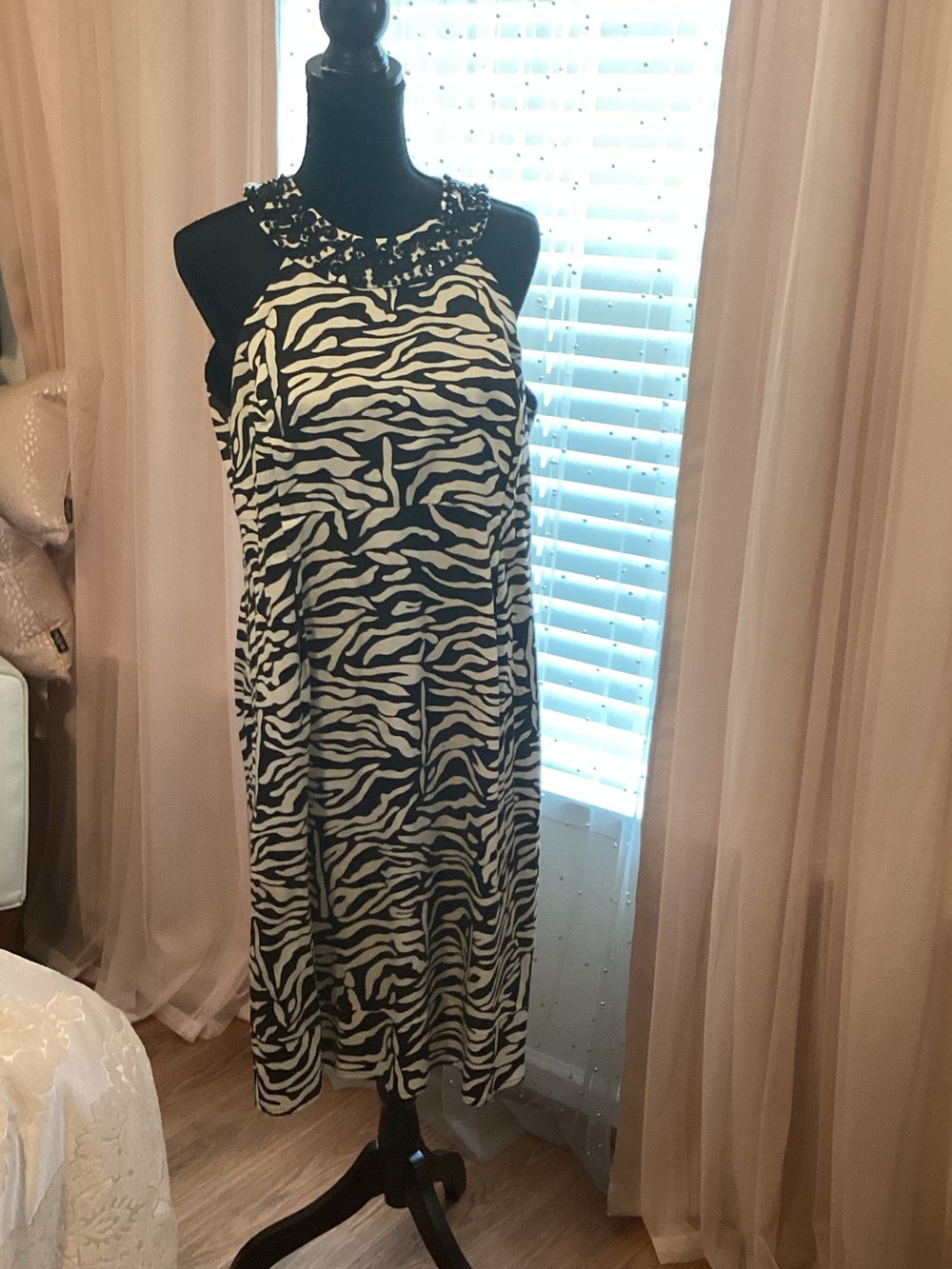INC International Concepts Black and White Zebra Midi Dress with Beaded Neckline